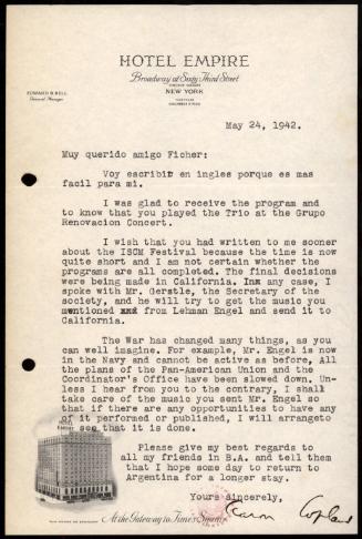 Letter from Aaron Copland to John Ficher