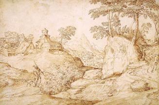 Two Huntsmen in a Wooded and Rocky Landscape with Dog